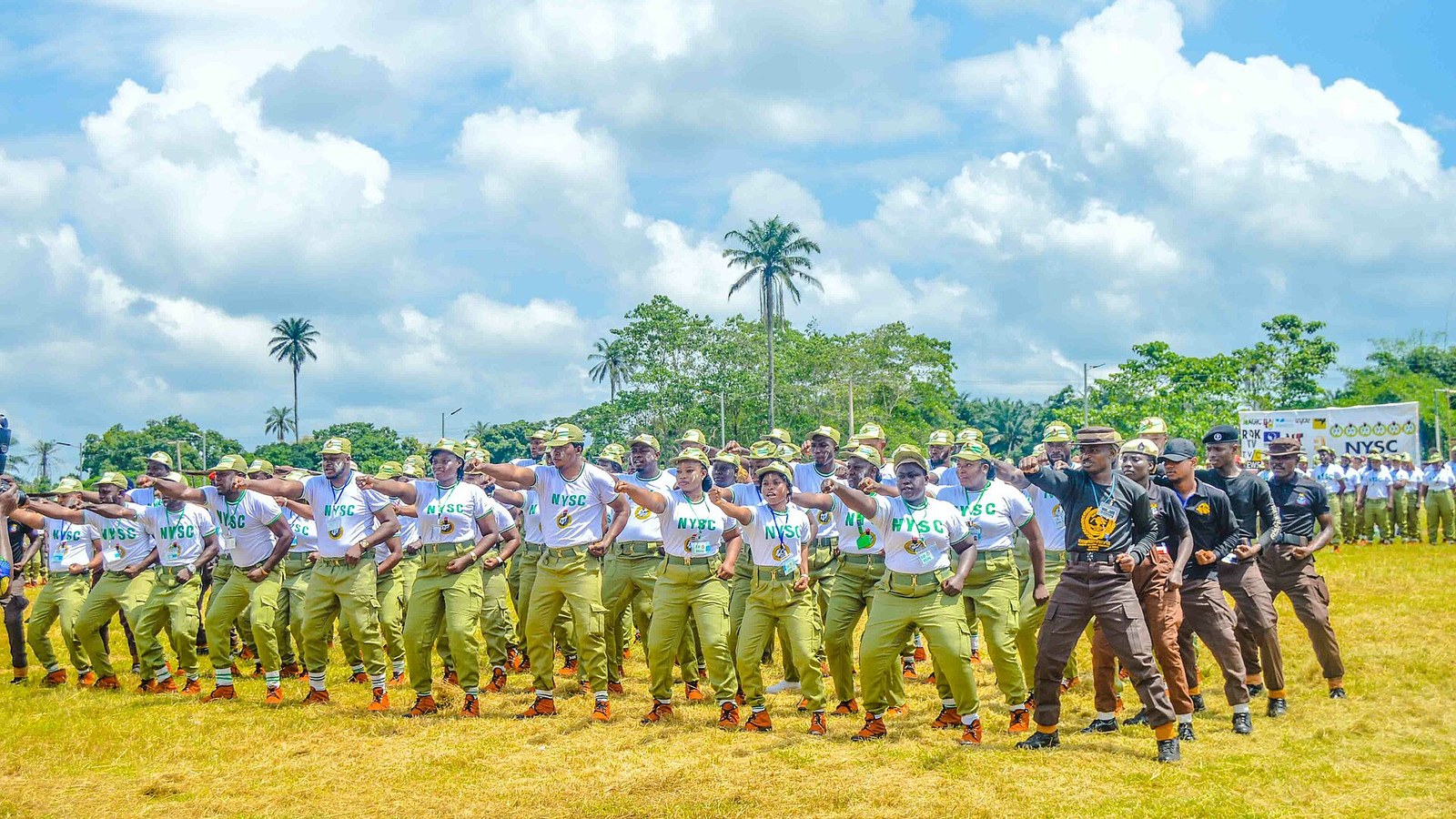 Nigerian NYSC corps members in khaki at the orientation camp parade ground for NYSC camp 2026