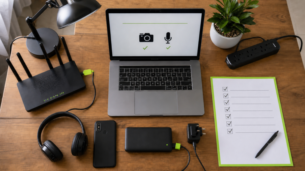 Laptop, router, power bank and checklist for a Post UTME online exam