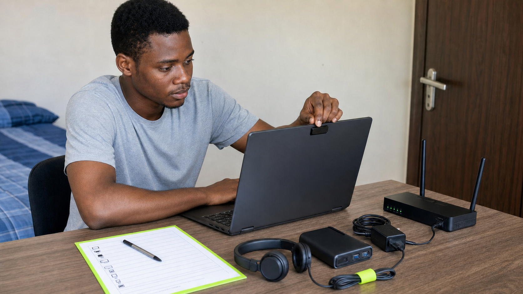 Nigerian student preparing a laptop for a Post UTME 2026 online exam