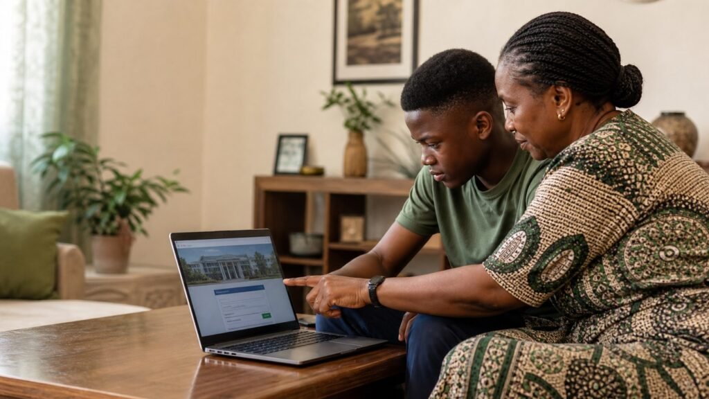 Nigerian applicant and parent checking a university portal to avoid a Post UTME payment scam